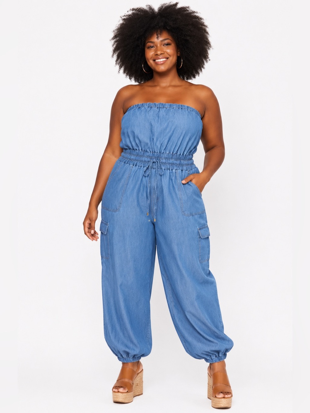 A HINT OF BLUSH Strapless Chambray Jogger Jumpsuit Juniors XL NWT